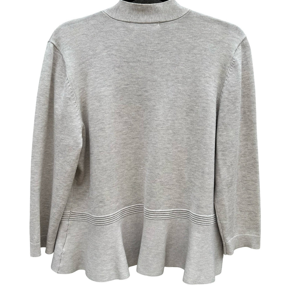 Minimalist Neutral Oatmeal Open Front Peplum Cardigan Sweater Ribbed Waist L