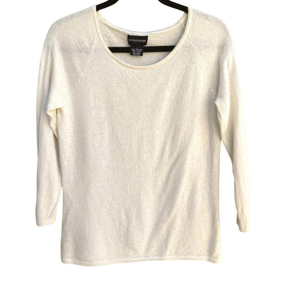 Sutton Studio Womens White Cashmere 3/4 Sleeve Buttoned Cuffs Knit Sweater L