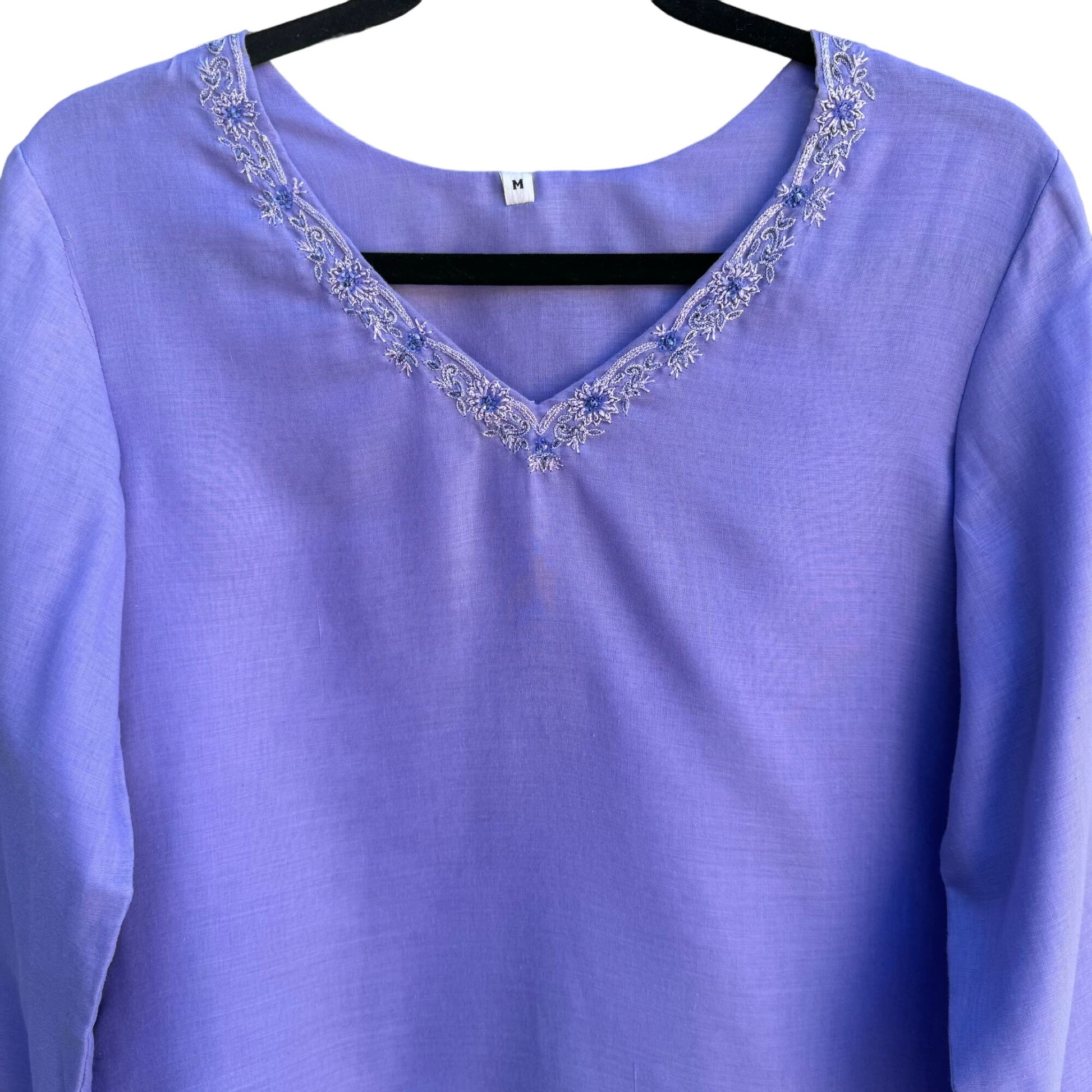 Bride & Prejudice Handmade Purple Womens V-Neck Embroidered Long Sleeve Linen Top