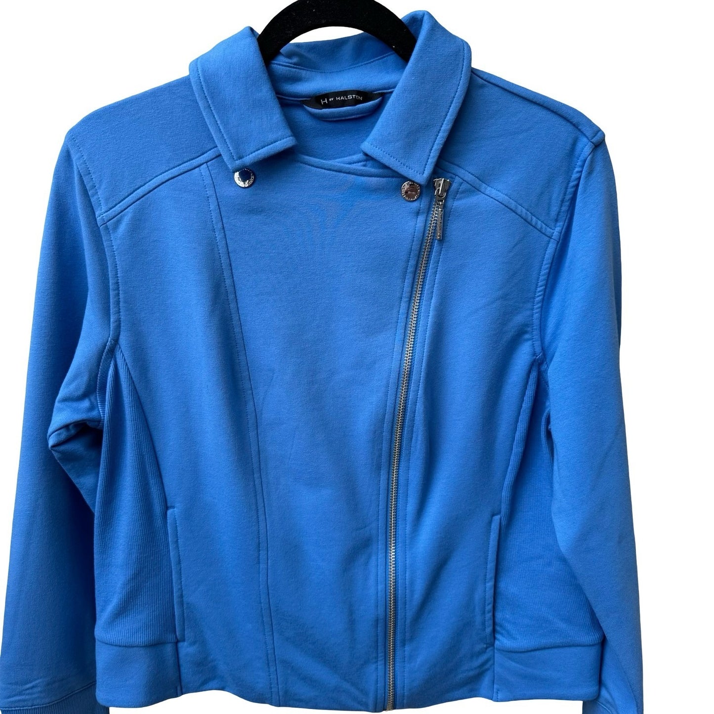 H by Halston Knit Soft Moto Biker Jacket Asymmetrical Zip Blue Womens 12 NEW