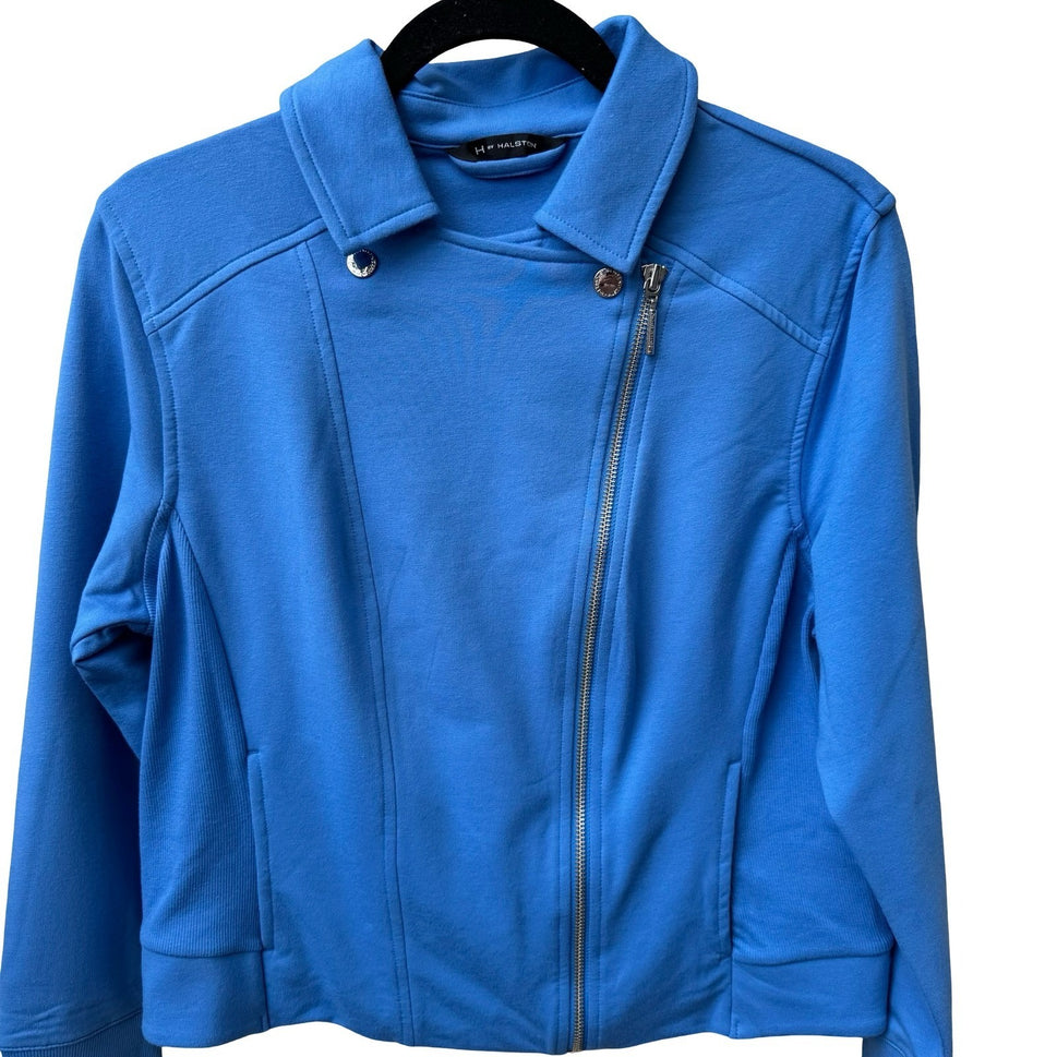 H by Halston Knit Soft Moto Biker Jacket Asymmetrical Zip Blue Womens 12 NEW