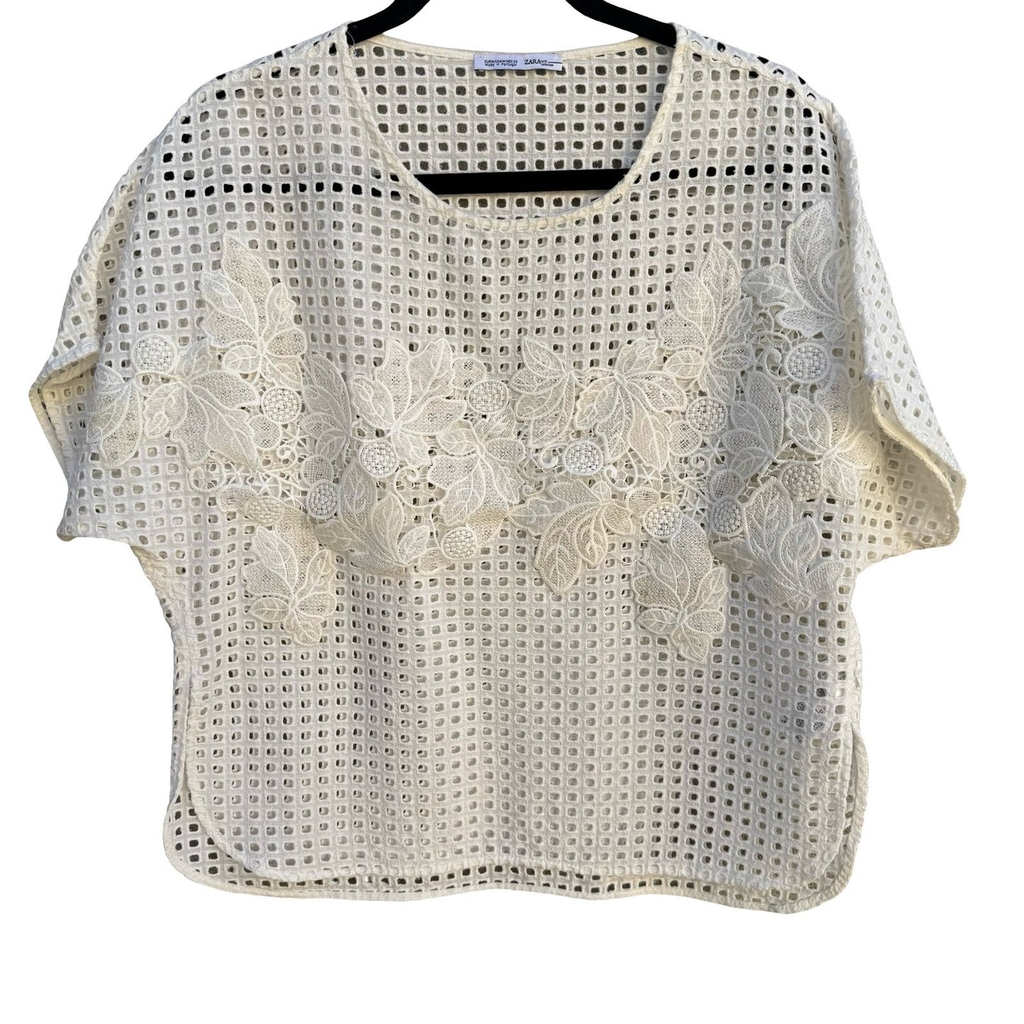 Zara Woman Collection Cream Eyelet Lace Floral Applique Boxy Top Blouse Medium