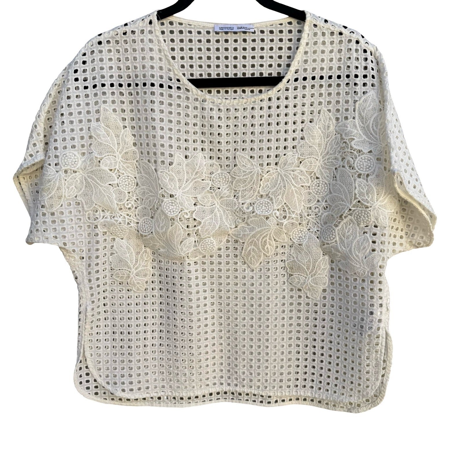 Zara Woman Collection Cream Eyelet Lace Floral Applique Boxy Top Blouse Medium
