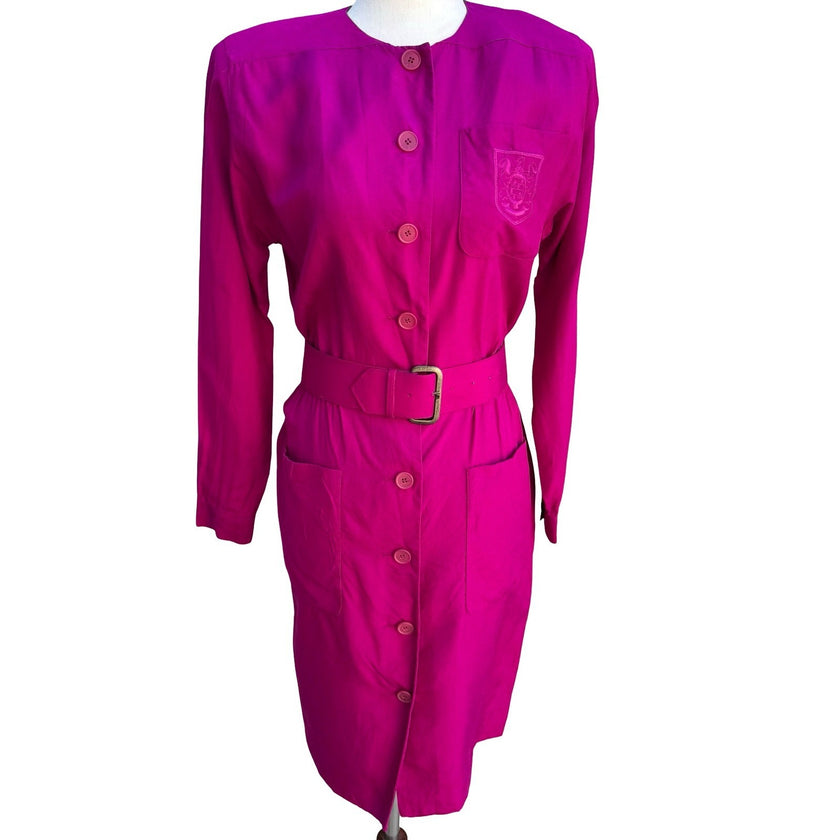 Liz Claiborne Vintage 80s 90s Silk Barbiecore Belted Crest Shirt Dress Pink 4