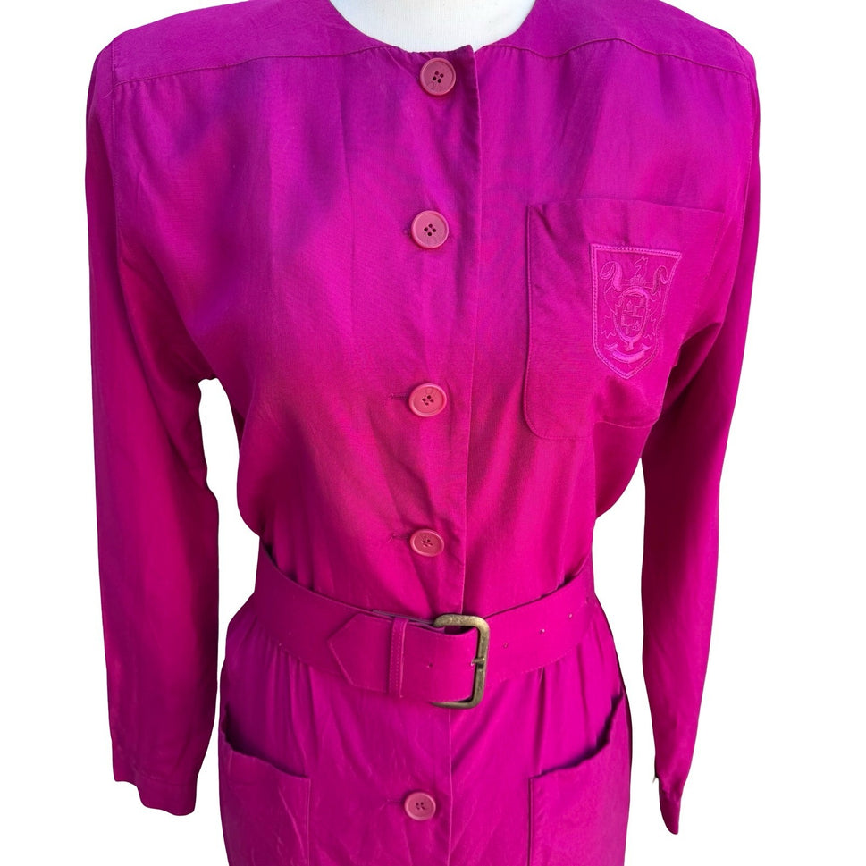 Liz Claiborne Vintage 80s 90s Silk Barbiecore Belted Crest Shirt Dress Pink 4