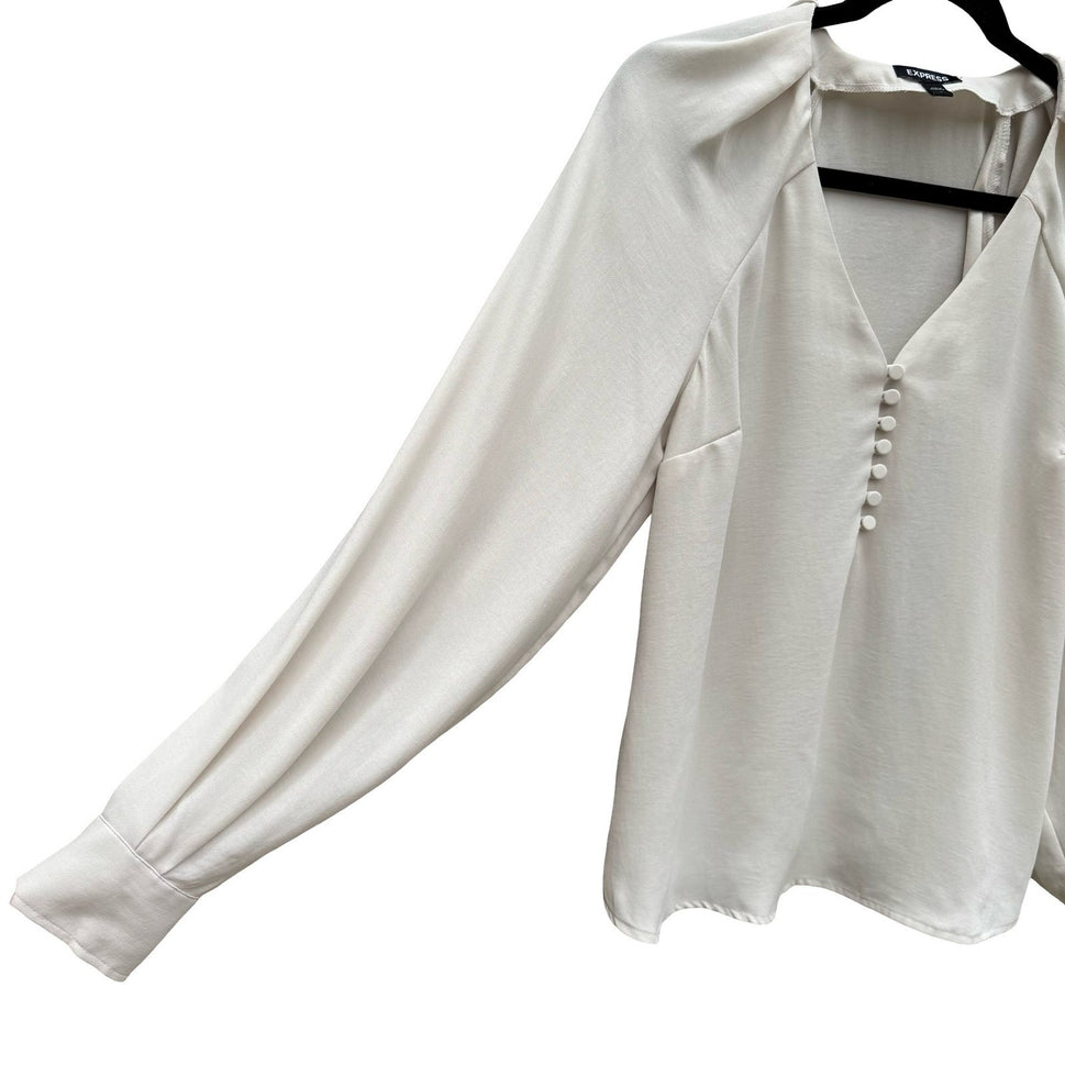Express Womens S Cream V-Neck Bishop Sleeve Blouse Romantic Coquette Feminine