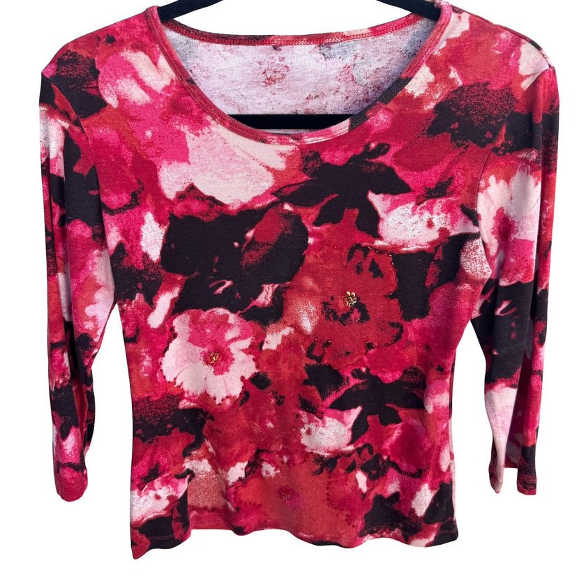 Vintage Y2K Dark Floral Beaded 3/4 Sleeve Scoop Neck Top Red Pink Black Size M