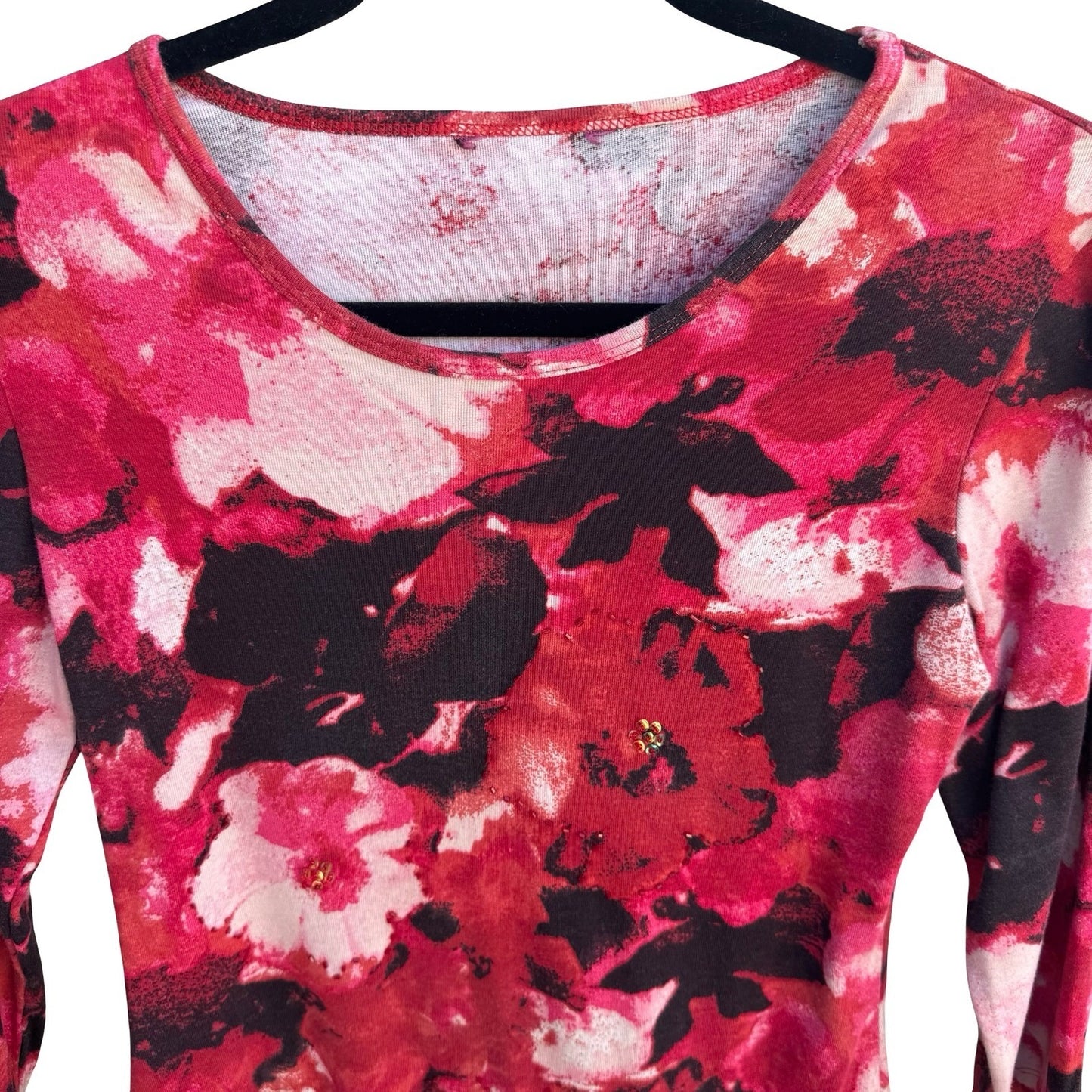 Vintage Y2K Dark Floral Beaded 3/4 Sleeve Scoop Neck Top Red Pink Black Size M