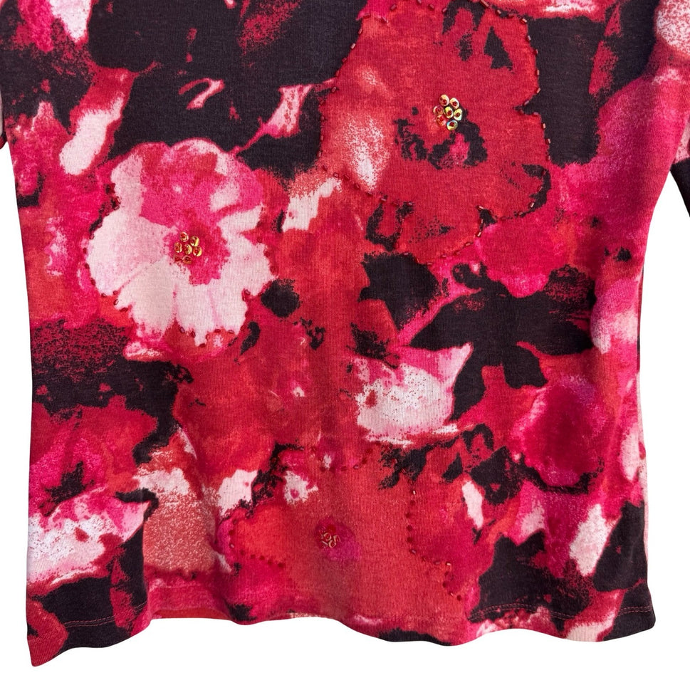 Vintage Y2K Dark Floral Beaded 3/4 Sleeve Scoop Neck Top Red Pink Black Size M