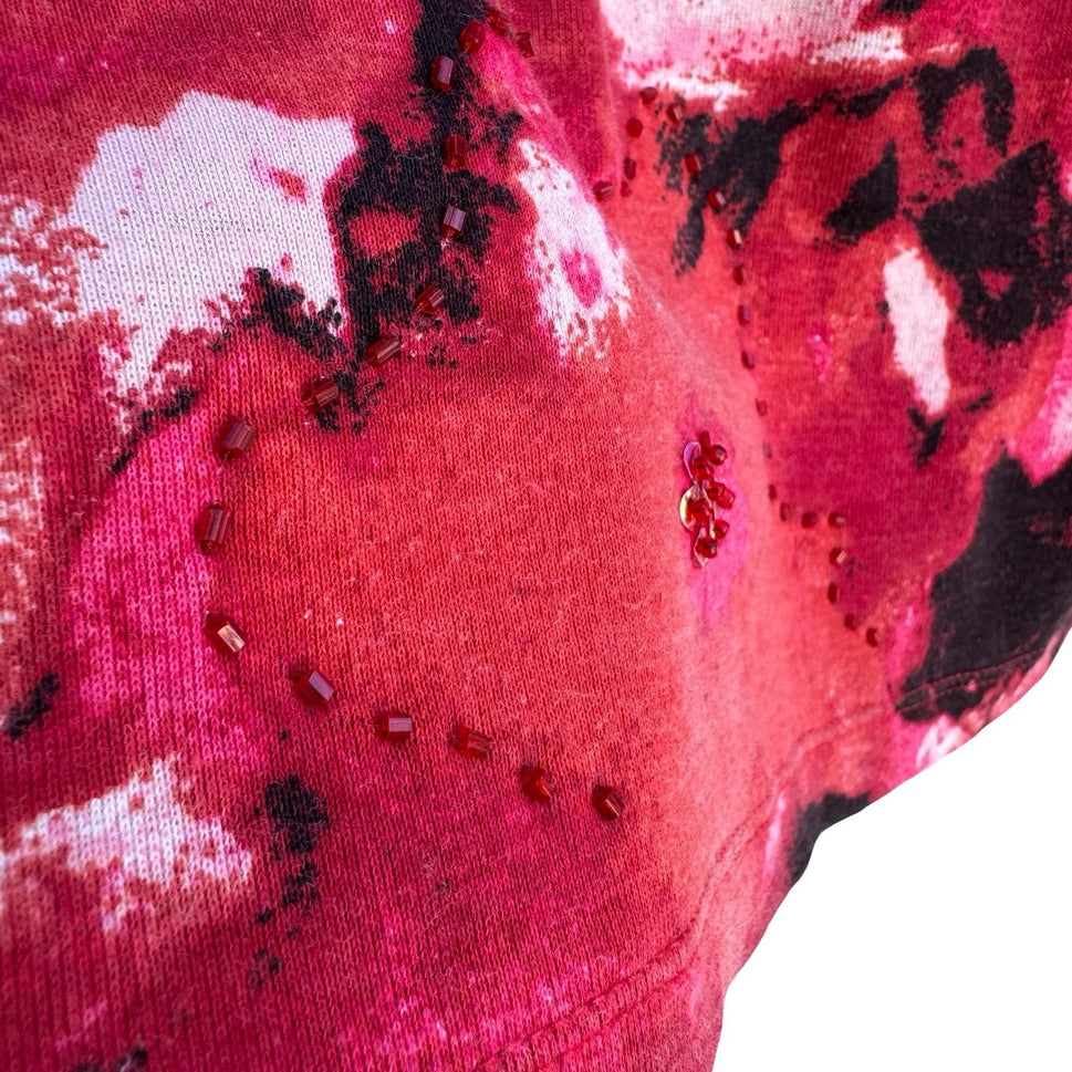 Vintage Y2K Dark Floral Beaded 3/4 Sleeve Scoop Neck Top Red Pink Black Size M