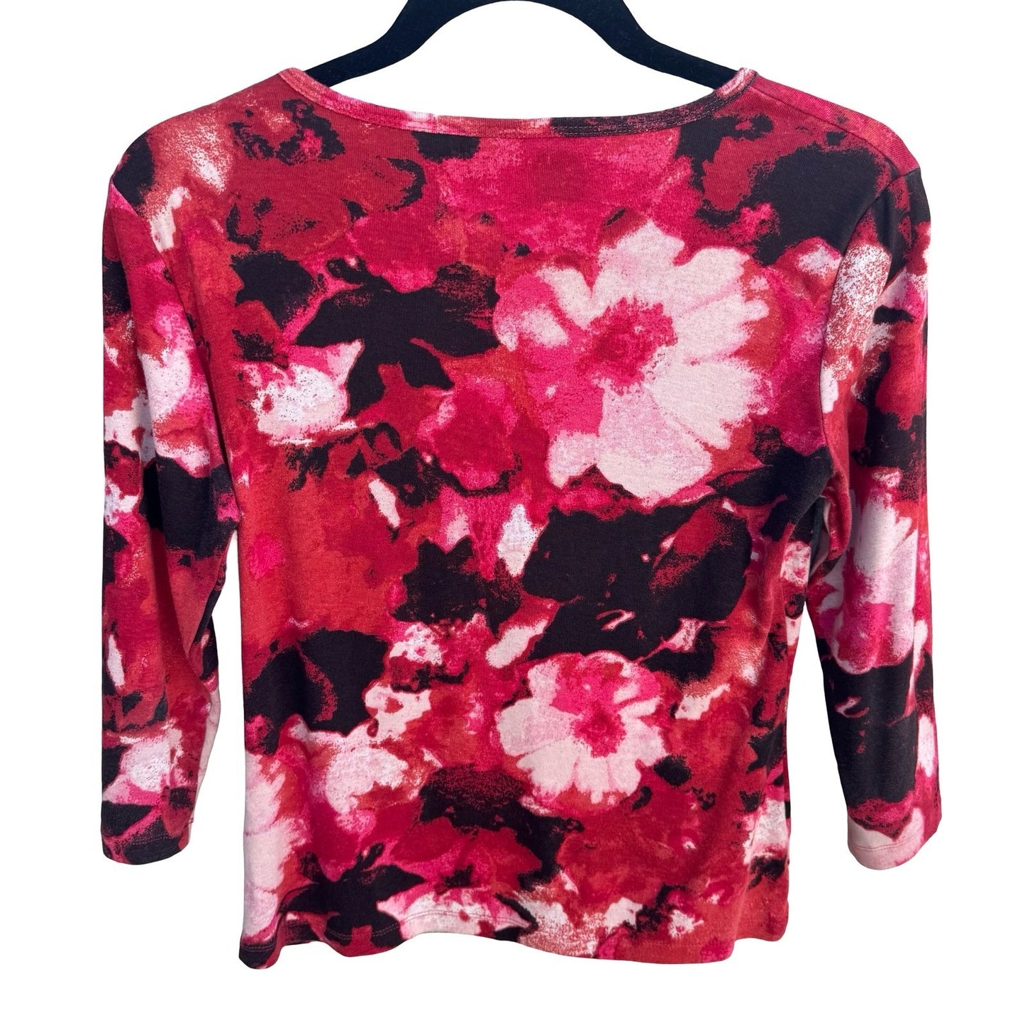Vintage Y2K Dark Floral Beaded 3/4 Sleeve Scoop Neck Top Red Pink Black Size M