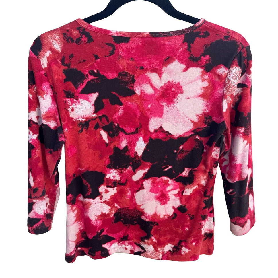 Vintage Y2K Dark Floral Beaded 3/4 Sleeve Scoop Neck Top Red Pink Black Size M
