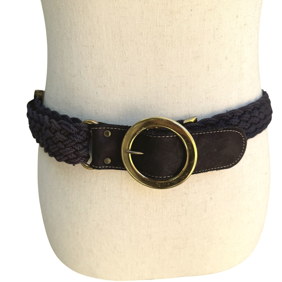 Vintage Womens Navy Gold-Tone Buckle Suede Leather Accents Braided Rope Belt