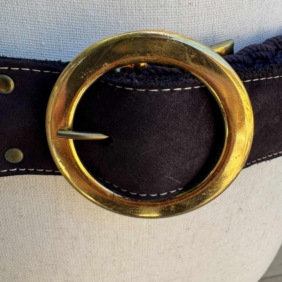 Vintage Womens Navy Gold-Tone Buckle Suede Leather Accents Braided Rope Belt