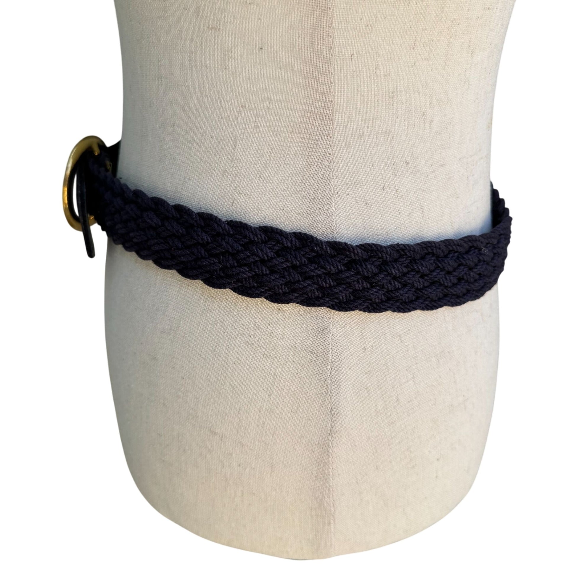 Vintage Womens Navy Gold-Tone Buckle Suede Leather Accents Braided Rope Belt