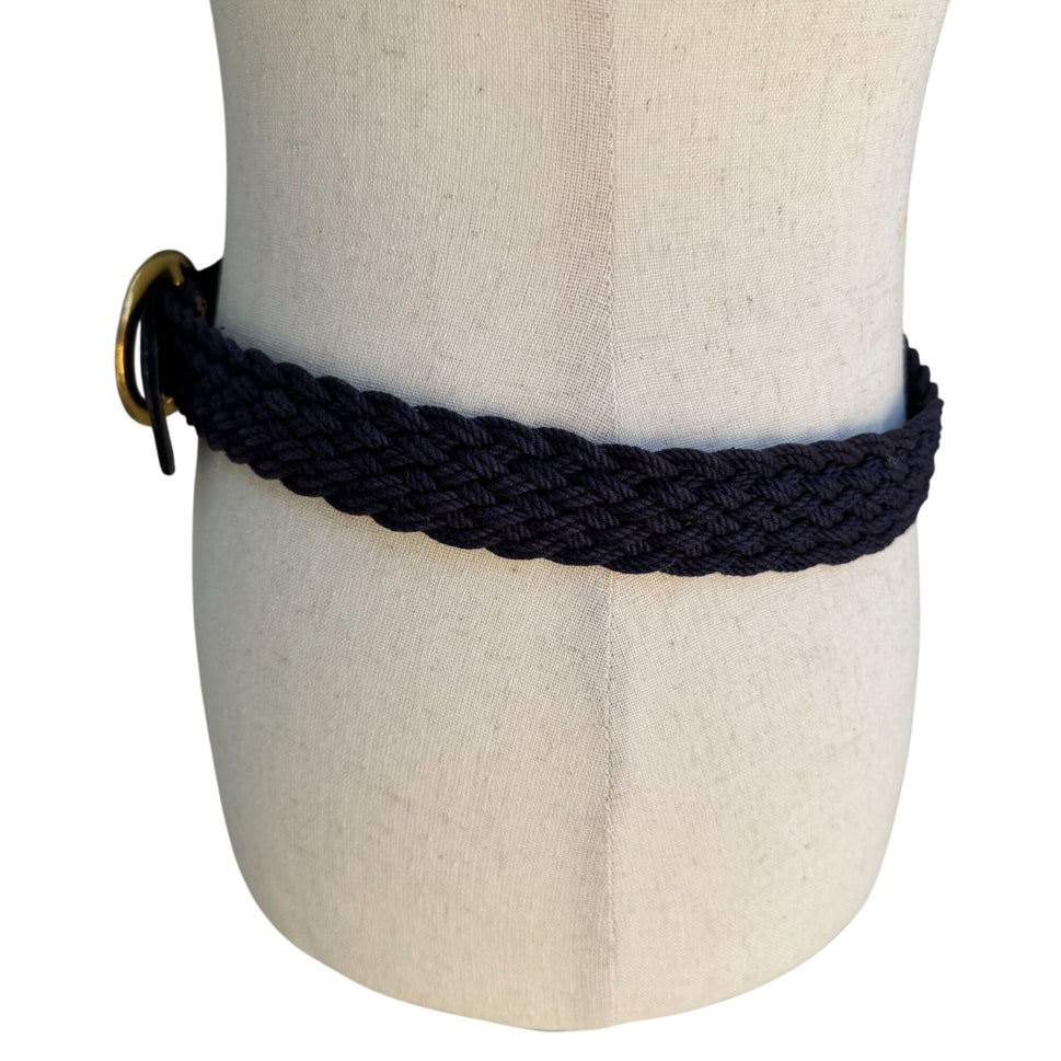 Vintage Womens Navy Gold-Tone Buckle Suede Leather Accents Braided Rope Belt