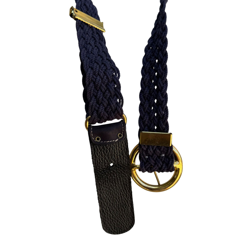 Vintage Womens Navy Gold-Tone Buckle Suede Leather Accents Braided Rope Belt
