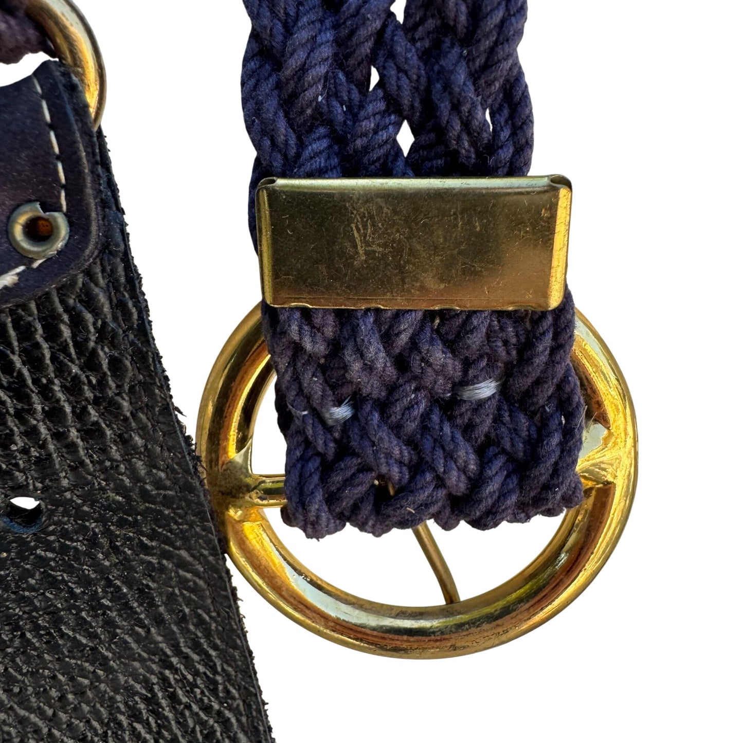 Vintage Womens Navy Gold-Tone Buckle Suede Leather Accents Braided Rope Belt