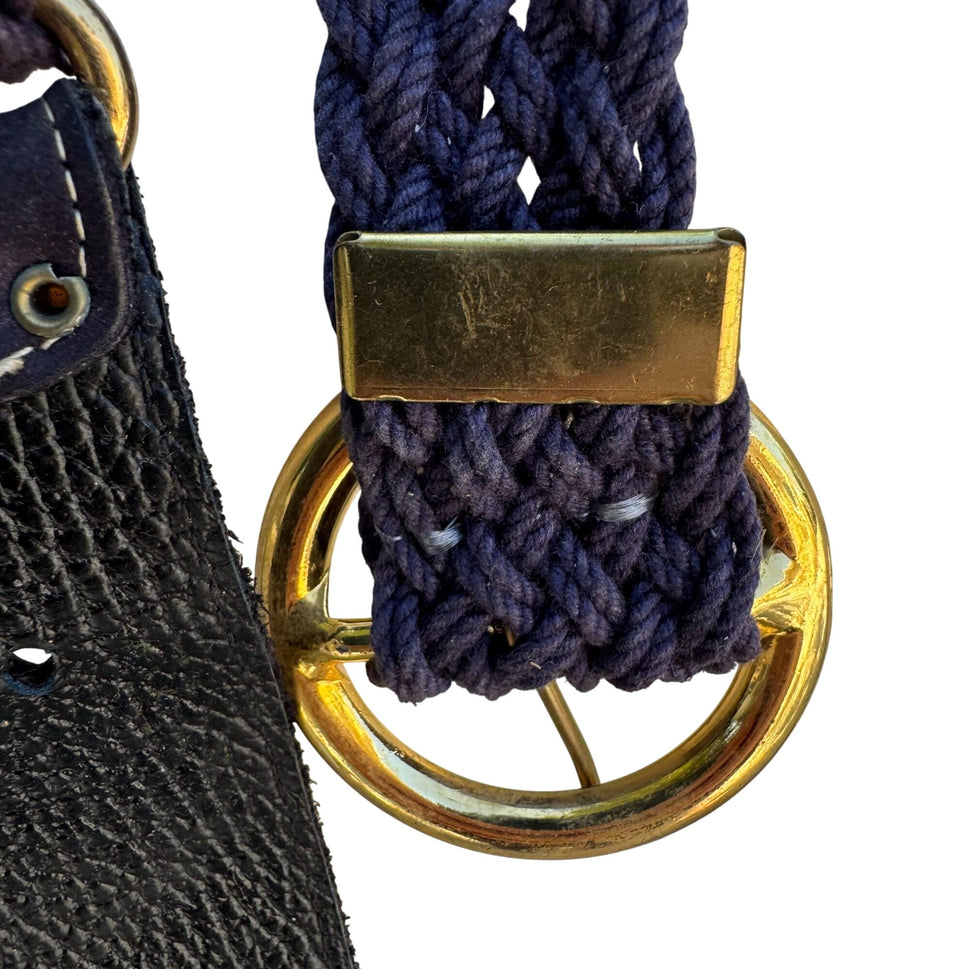 Vintage Womens Navy Gold-Tone Buckle Suede Leather Accents Braided Rope Belt