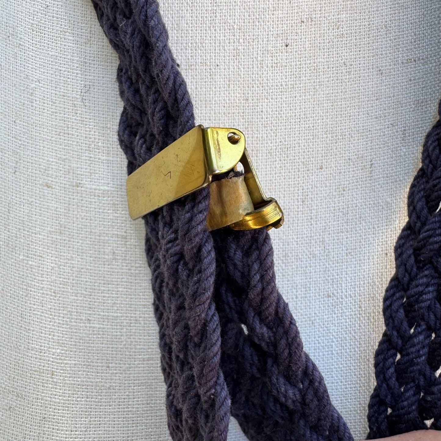 Vintage Womens Navy Gold-Tone Buckle Suede Leather Accents Braided Rope Belt