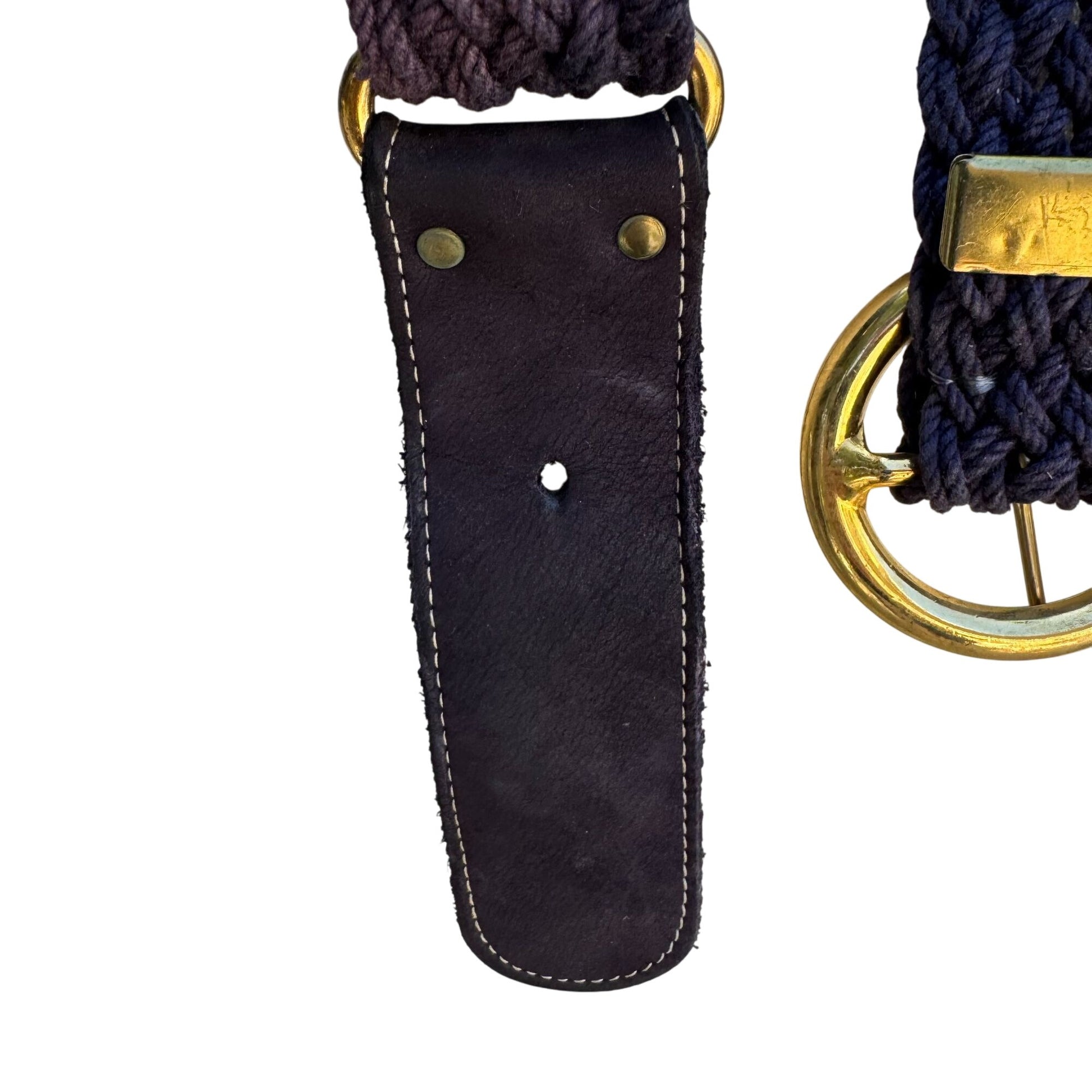 Vintage Womens Navy Gold-Tone Buckle Suede Leather Accents Braided Rope Belt