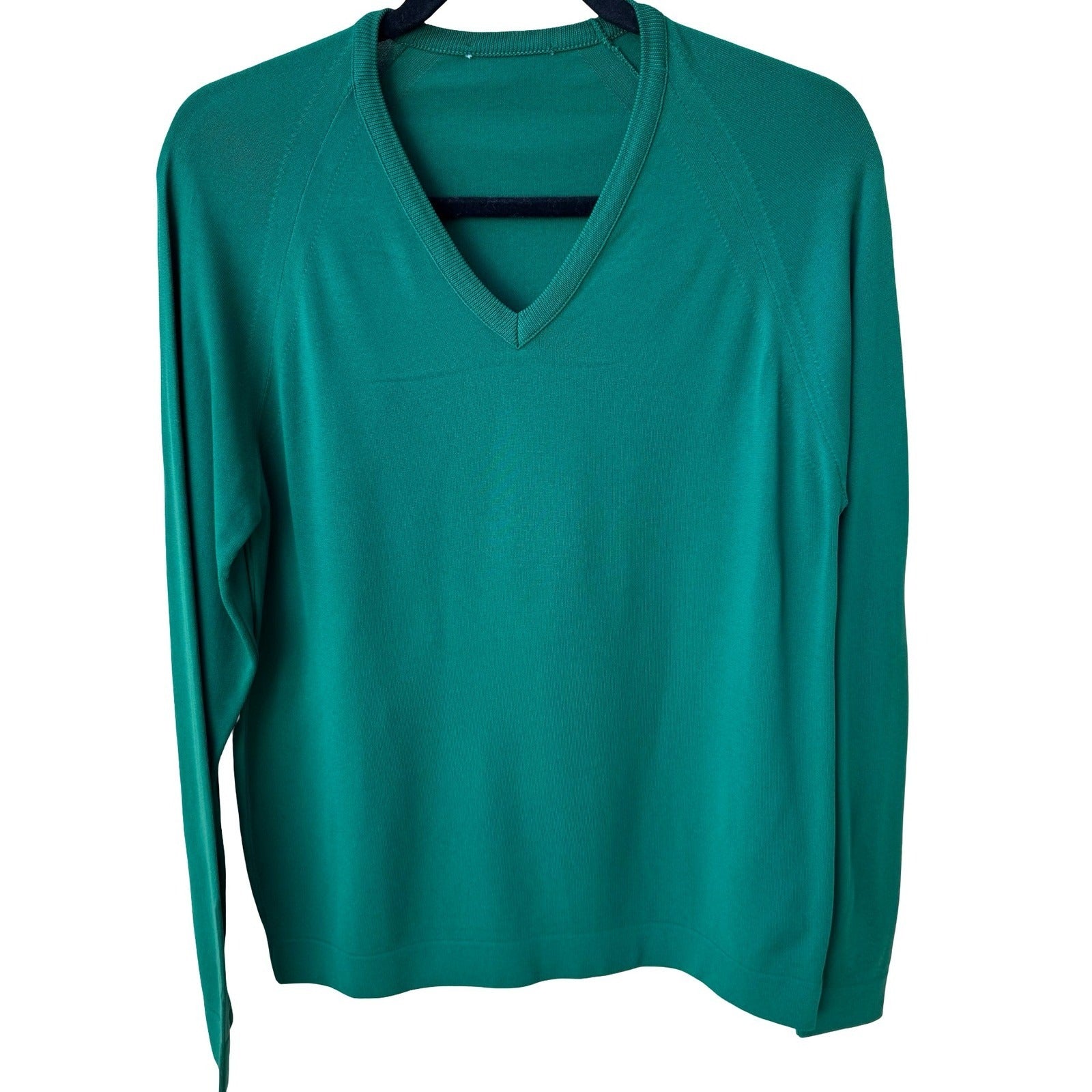 Vintage 70s Emerald Green V-Neck Raglan Sleeve Fine Knit Sweater Womens Small