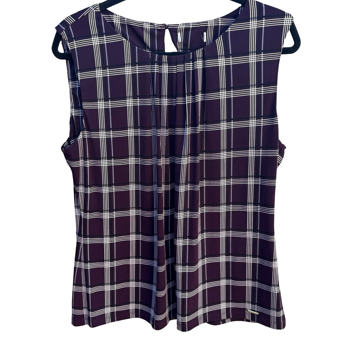 Calvin Klein Plaid Pleated Neck Dark Academia Professional Sleeveless Blouse L