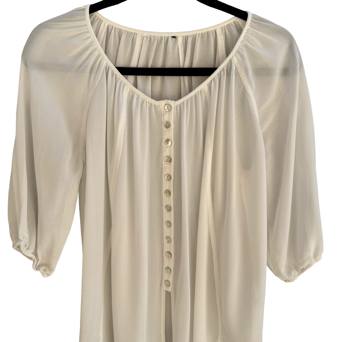 Ethereal Cream Airy Sheer Peasant Blouse Chiffon Tie Hem Boho Coastal Romantic