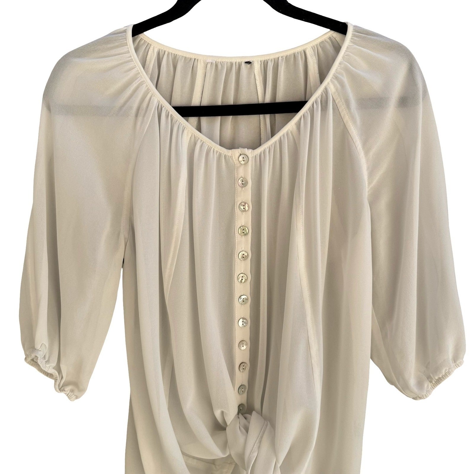 Ethereal Cream Airy Sheer Peasant Blouse Chiffon Tie Hem Boho Coastal Romantic