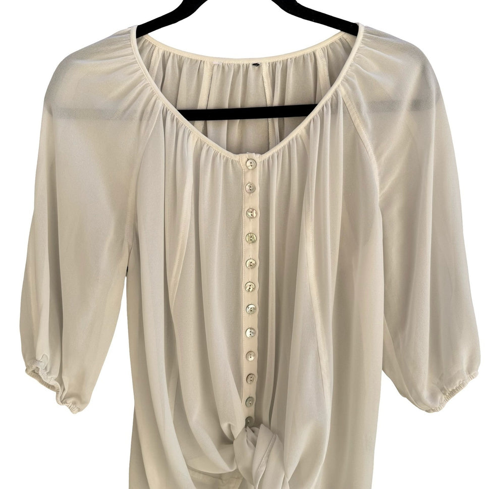 Ethereal Cream Airy Sheer Peasant Blouse Chiffon Tie Hem Boho Coastal Romantic