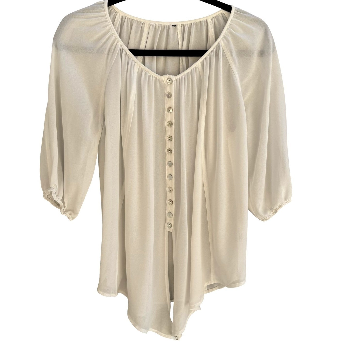 Ethereal Cream Airy Sheer Peasant Blouse Chiffon Tie Hem Boho Coastal Romantic