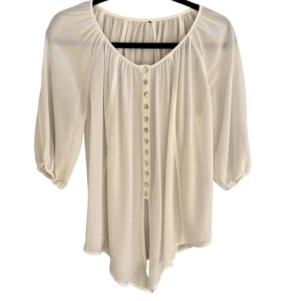 Ethereal Cream Airy Sheer Peasant Blouse Chiffon Tie Hem Boho Coastal Romantic