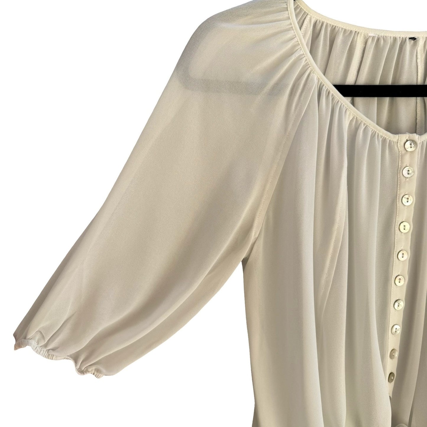 Ethereal Cream Airy Sheer Peasant Blouse Chiffon Tie Hem Boho Coastal Romantic