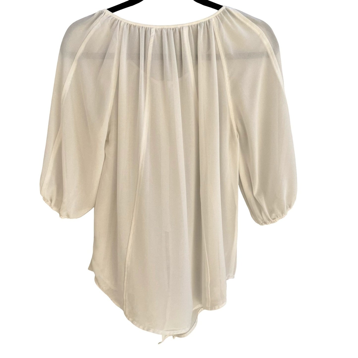 Ethereal Cream Airy Sheer Peasant Blouse Chiffon Tie Hem Boho Coastal Romantic