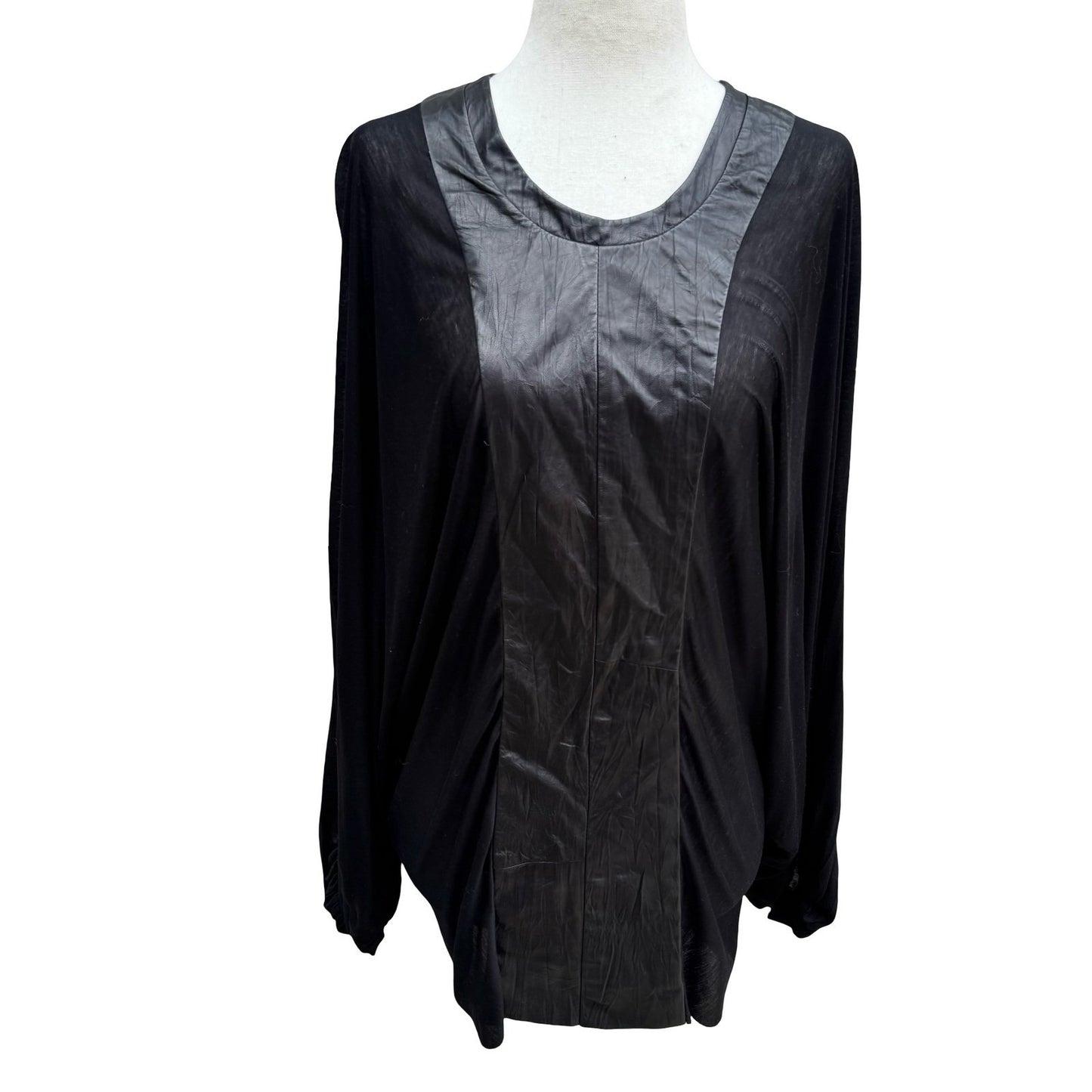 Poleci Y2K Goth Edgy Avant Garde Mixed Media Batwing Sleeve Top Leather Panel S