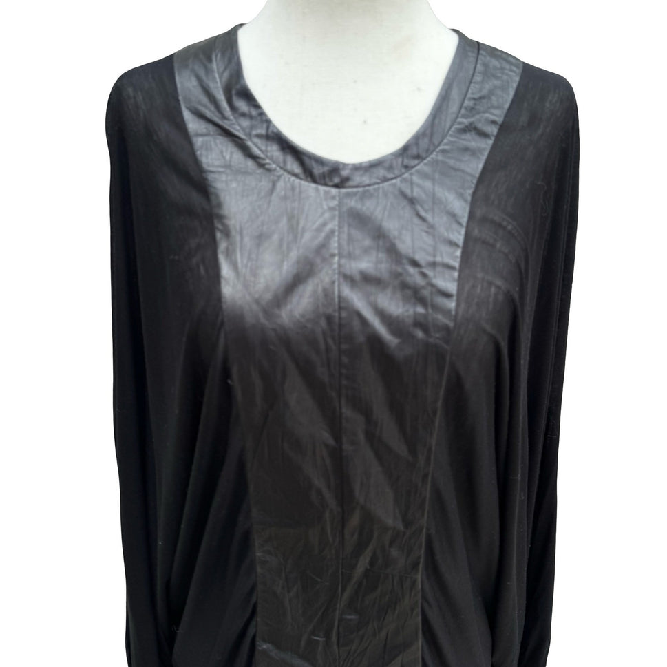 Poleci Y2K Goth Edgy Avant Garde Mixed Media Batwing Sleeve Top Leather Panel S