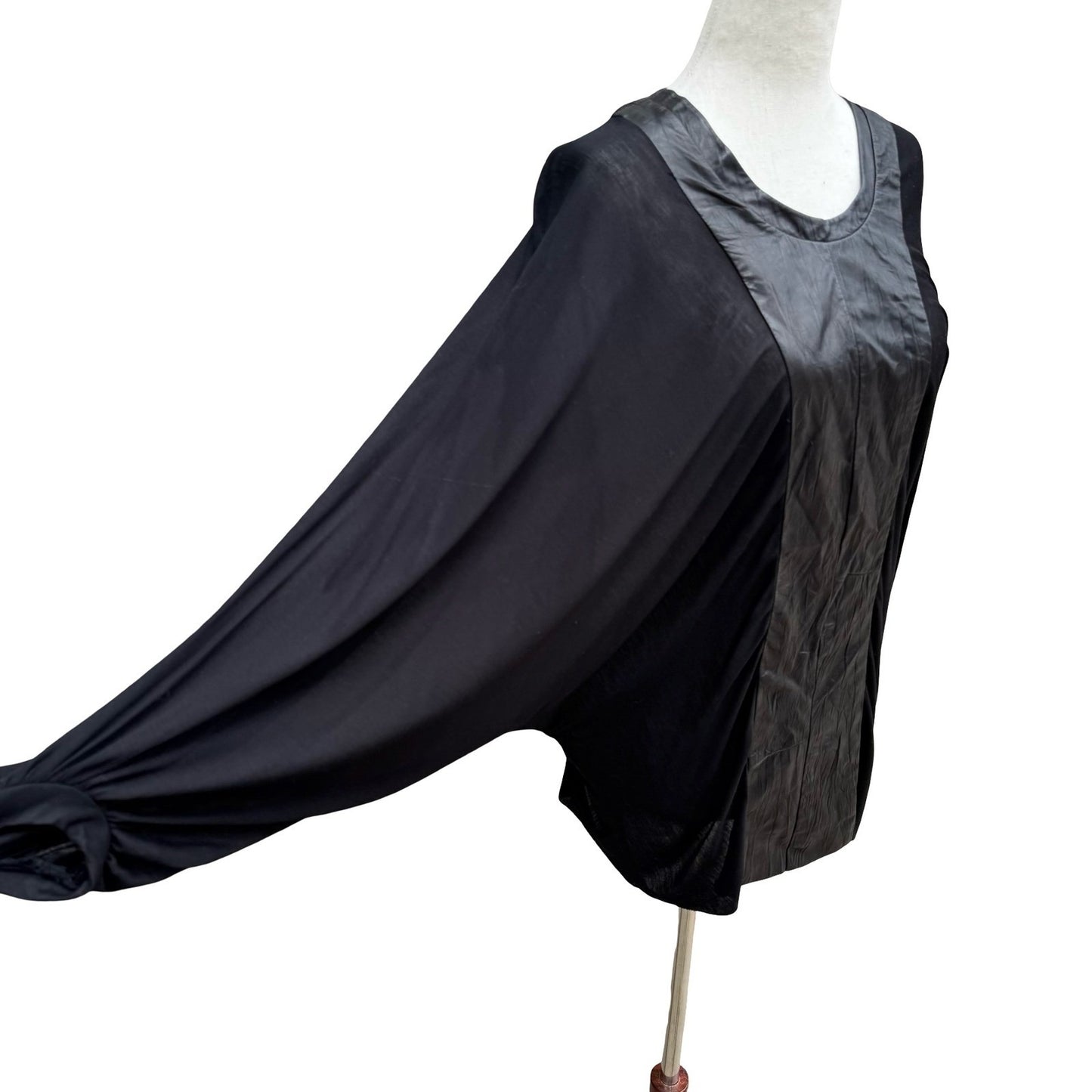 Poleci Y2K Goth Edgy Avant Garde Mixed Media Batwing Sleeve Top Leather Panel S