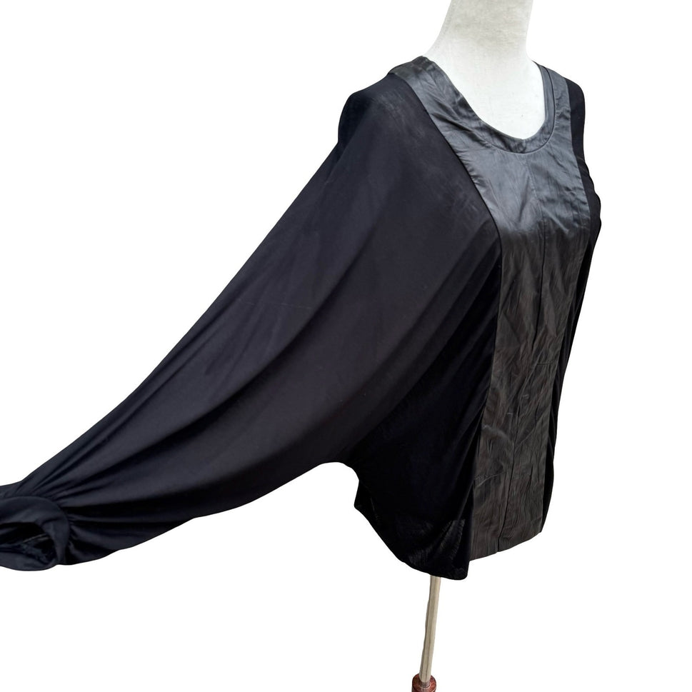 Poleci Y2K Goth Edgy Avant Garde Mixed Media Batwing Sleeve Top Leather Panel S