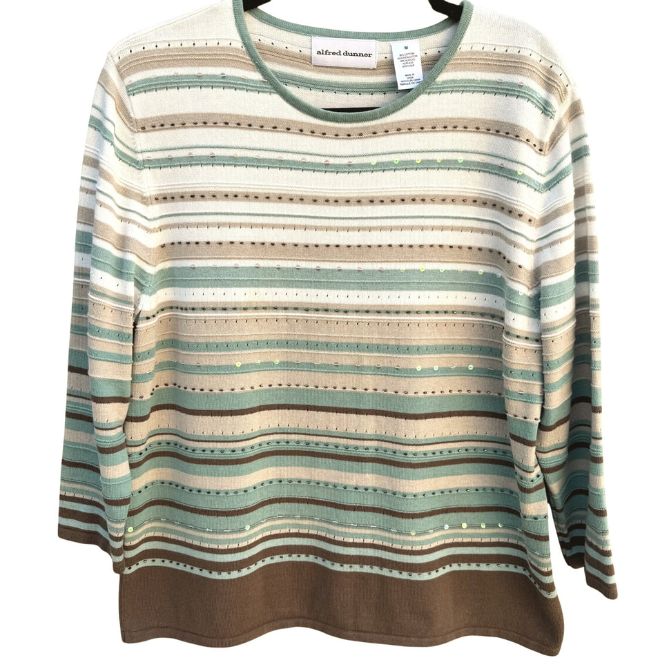 Alfred Dunner Womens Striped Beaded Sequin Knit Sweater M Green/Brown 3/4 Sleeve