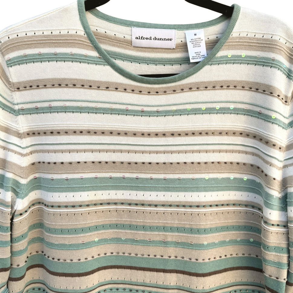 Alfred Dunner Womens Striped Beaded Sequin Knit Sweater M Green/Brown 3/4 Sleeve