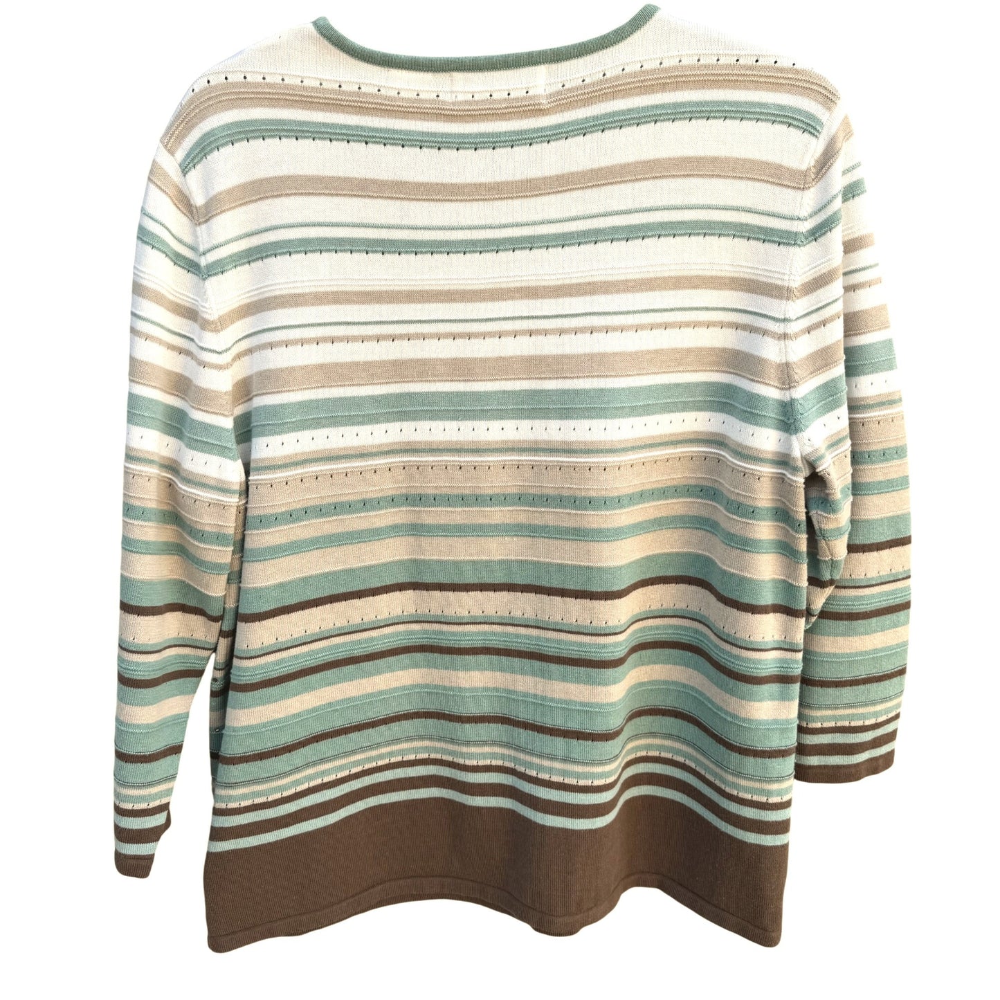 Alfred Dunner Womens Striped Beaded Sequin Knit Sweater M Green/Brown 3/4 Sleeve