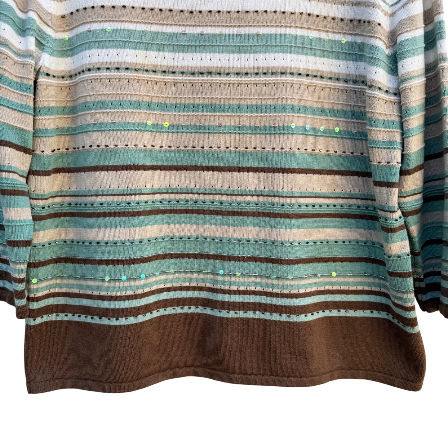 Alfred Dunner Womens Striped Beaded Sequin Knit Sweater M Green/Brown 3/4 Sleeve