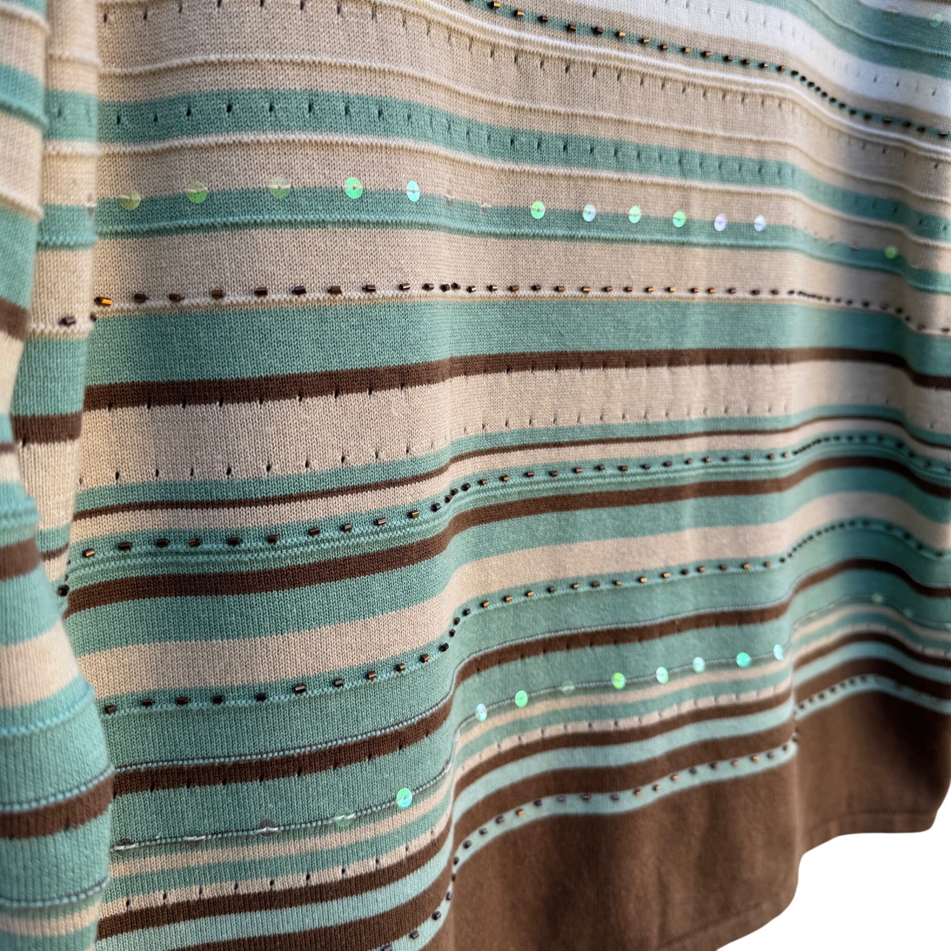 Alfred Dunner Womens Striped Beaded Sequin Knit Sweater M Green/Brown 3/4 Sleeve