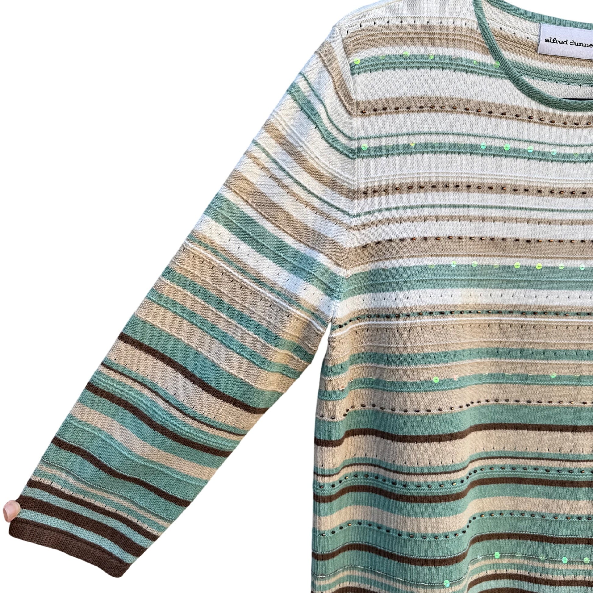 Alfred Dunner Womens Striped Beaded Sequin Knit Sweater M Green/Brown 3/4 Sleeve