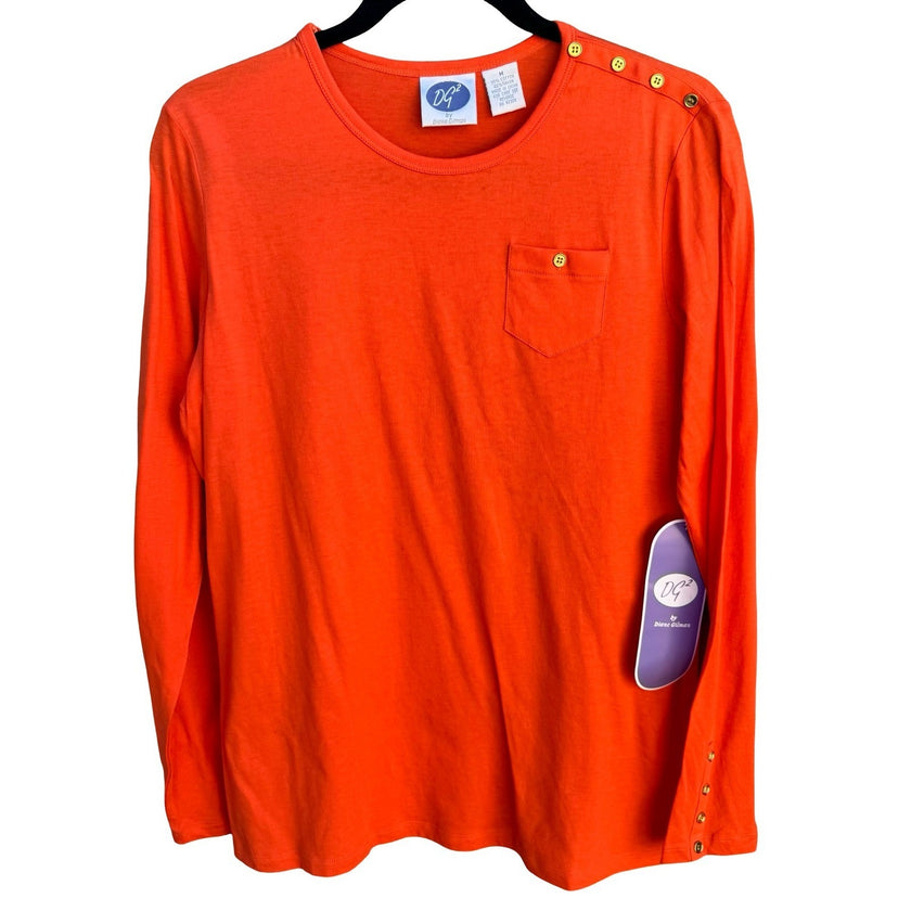 Diane Gilman DG2 Orange Long Sleeve Button Shoulder Pocket Top Womens Medium NEW
