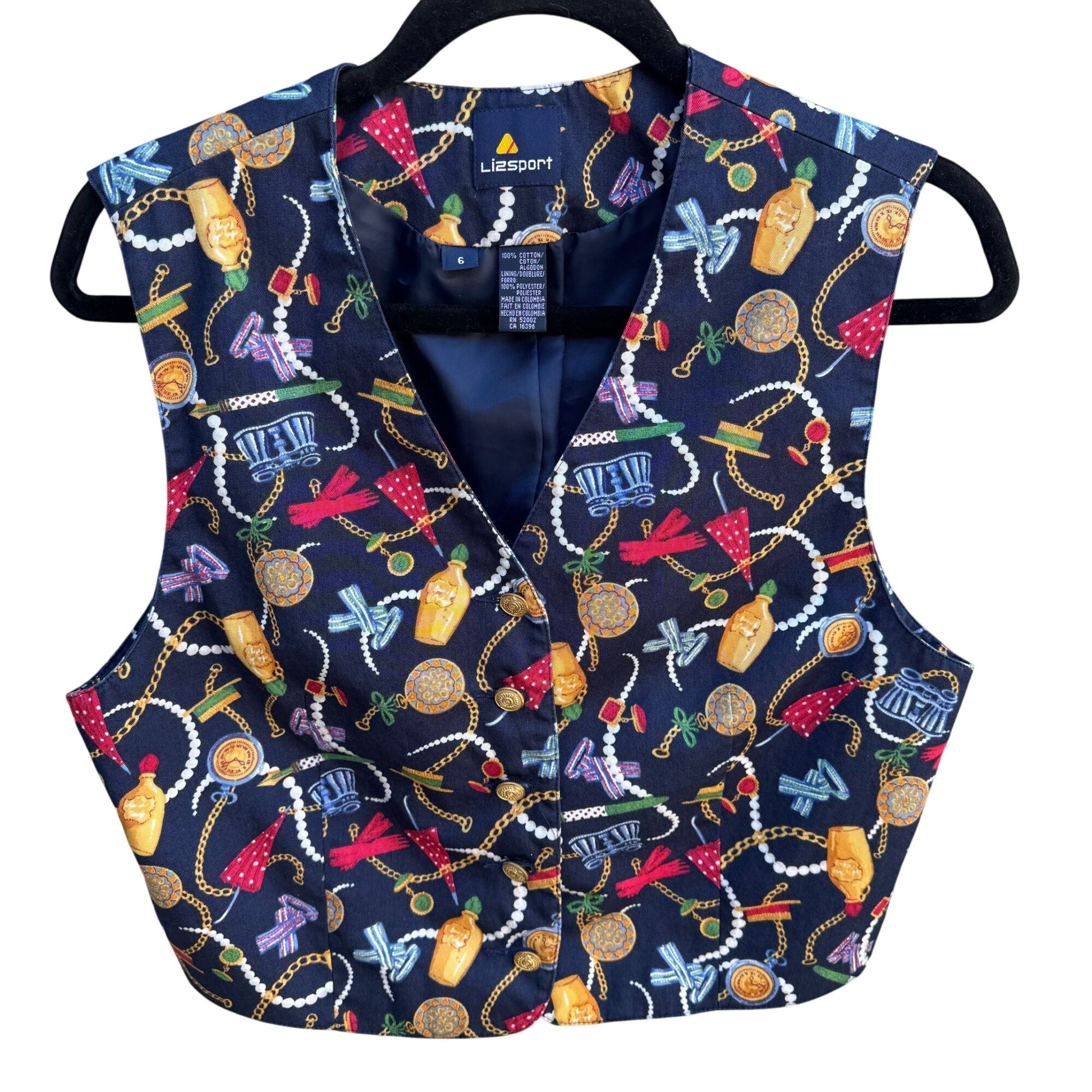 LizSport Vintage Womens Colorful Cropped Chain Trinket Print Gold Button Vest 6