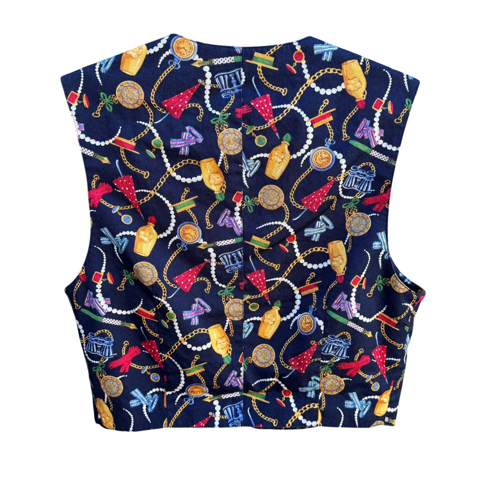 LizSport Vintage Womens Colorful Cropped Chain Trinket Print Gold Button Vest 6