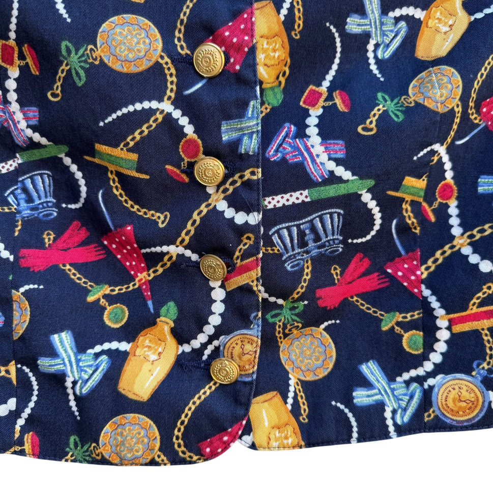 LizSport Vintage Womens Colorful Cropped Chain Trinket Print Gold Button Vest 6