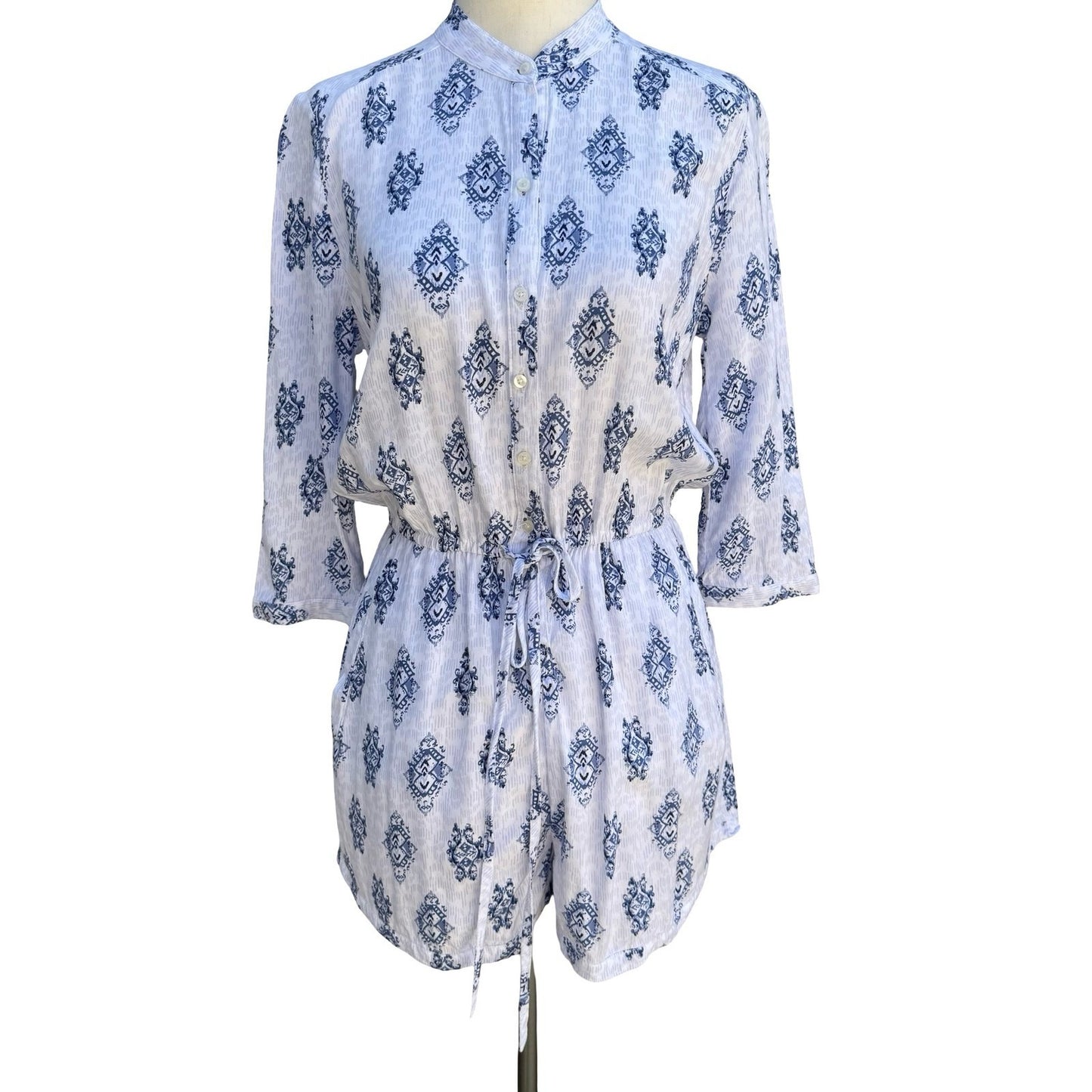 Hollister Blue White Ikat Medallion Button Up Romper S Drawstring Waist Pockets