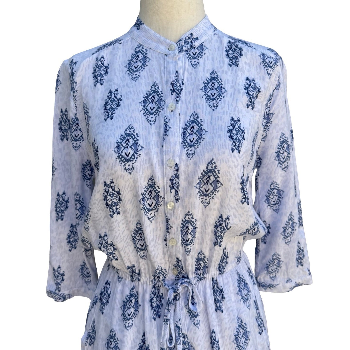Hollister Blue White Ikat Medallion Button Up Romper S Drawstring Waist Pockets